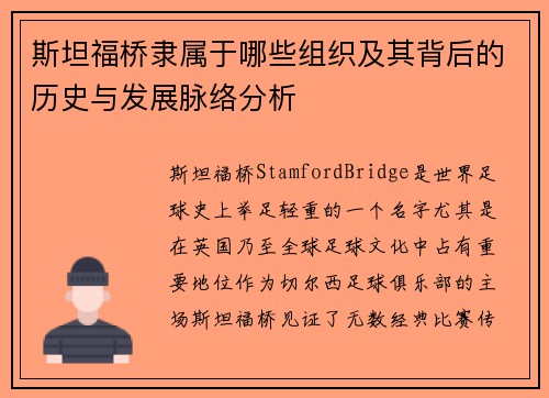 斯坦福桥隶属于哪些组织及其背后的历史与发展脉络分析