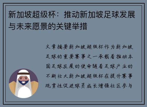 新加坡超级杯：推动新加坡足球发展与未来愿景的关键举措