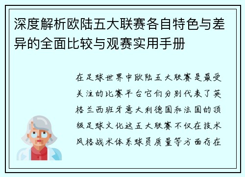 深度解析欧陆五大联赛各自特色与差异的全面比较与观赛实用手册